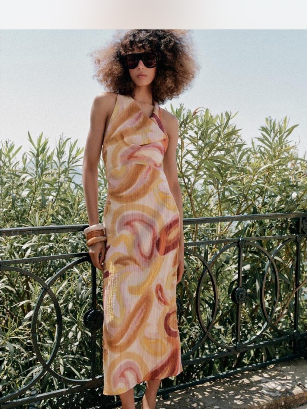 New Zara small Sleeveless Swirl-Print Midi Dress in Multi Pink and Yellow